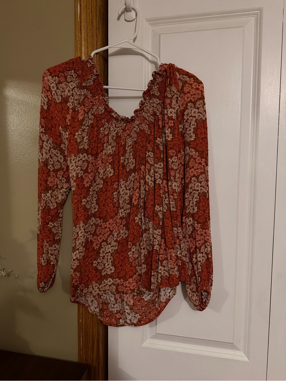 Rust Floral Long-Sleeve Peasant Blouse - Women